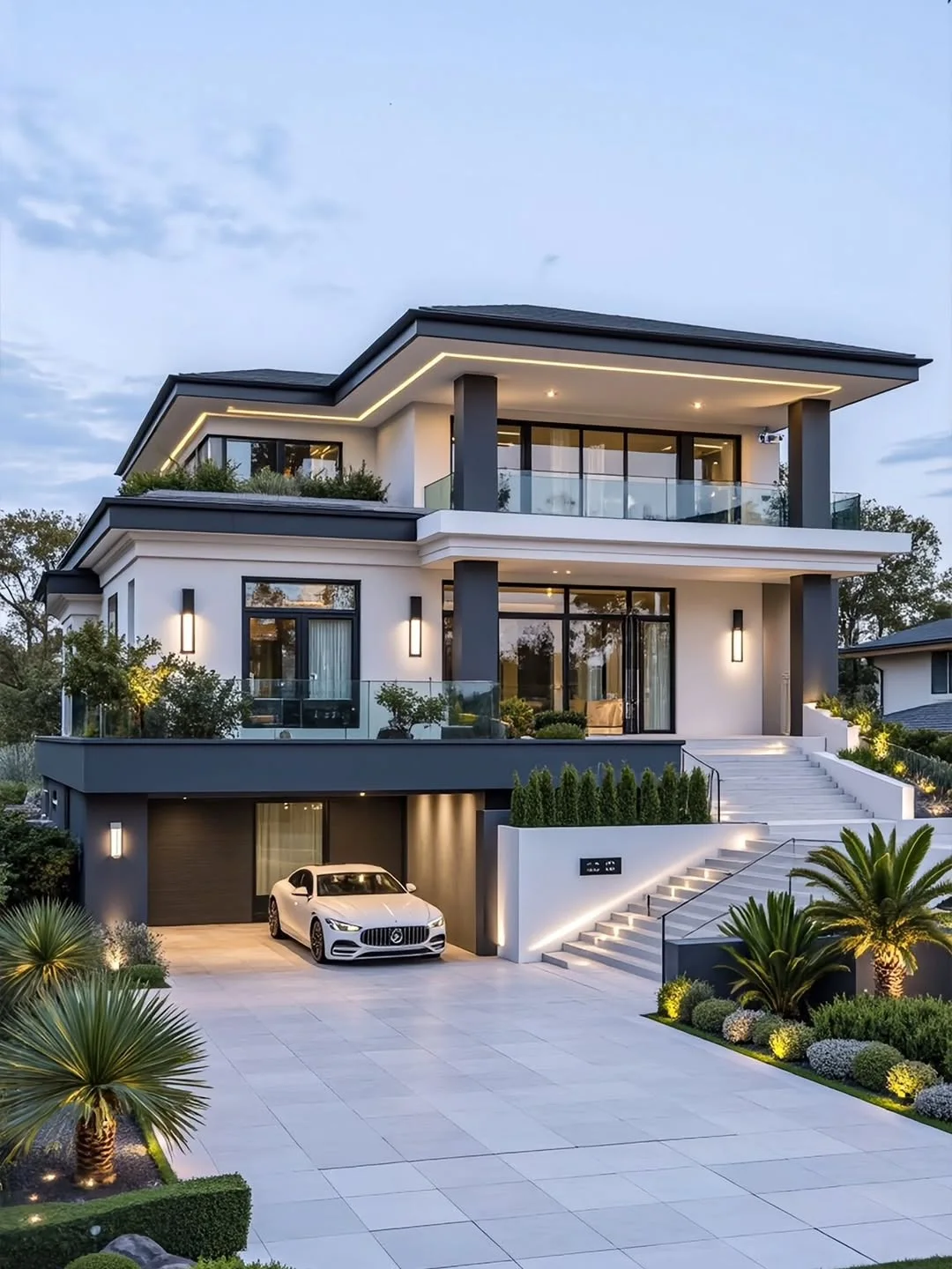 Multilevel contemporary home with broad exterior stairs and landscaped grounds