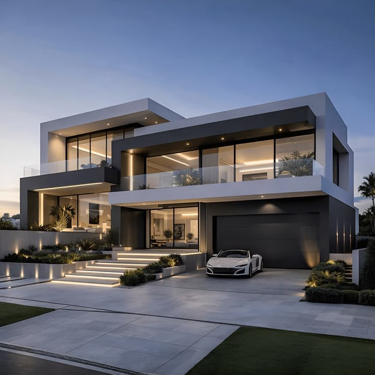 Contemporary home with a glass balcony and landscaped exterior